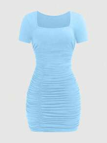 Flirla Square Neck Ruched Waist Short Sexy Elegant Minimalist Dress For Women