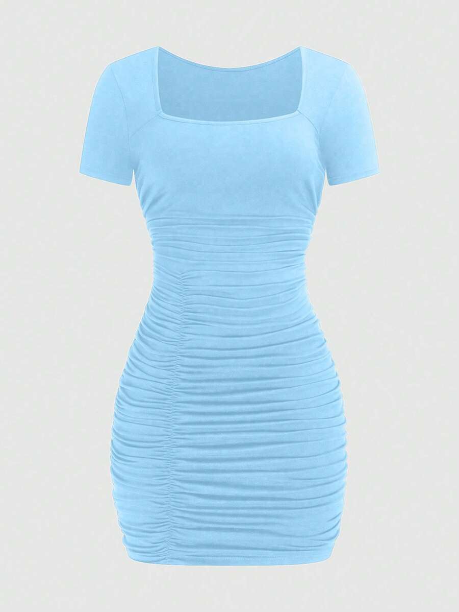 Flirla Square Neck Ruched Waist Short Sexy Elegant Minimalist Dress For Women