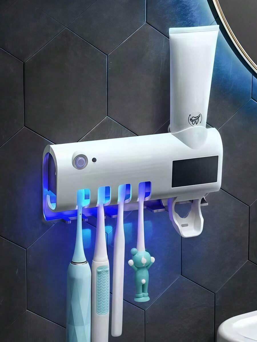 1 Peça Esterilizador de Escova de Dentes Inteligente Branca, Suporte para Escova de Dentes Montado na Parede Sem Furos, Espremedor de Pasta de Dente Automático Multifuncional com Carregamento USB, Conjunto para Banheiro Pode Segurar 4 Escovas de Dentes e Uma Pasta de Dente, Adequado para Banheiros, Dormitórios e Decoração Doméstica, Decoração de Banheiro Doméstica de Verão