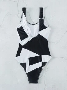 SHEIN Swim 1 件撞色印花镂空连体泳衣，随机印花设计 - 黑與白 - 查看 6
