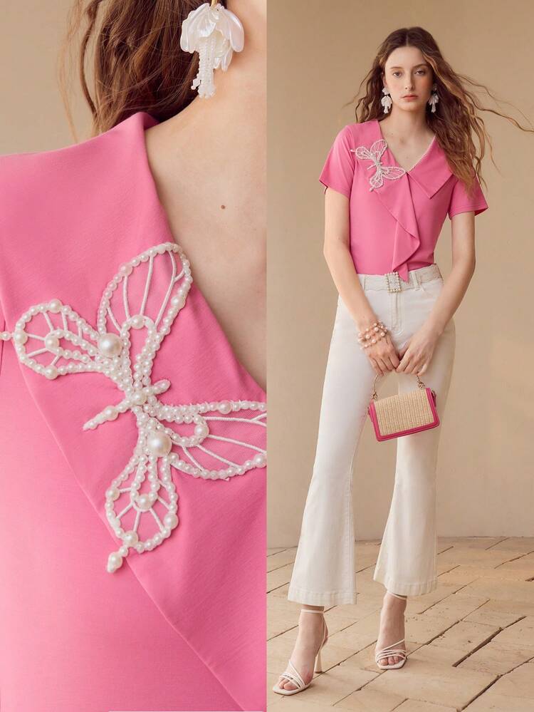 FAUX PEARL BUTTERFLY DECOR BLOUSE