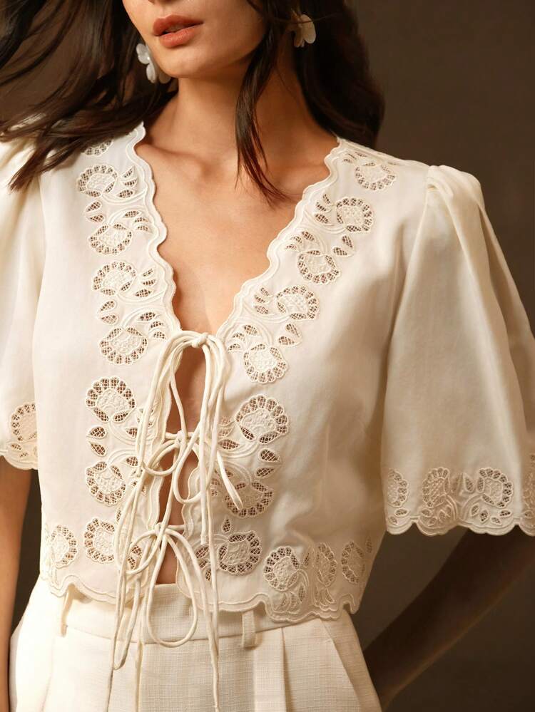 Casual, Festival, Beach Bowknot , Embroidery, Hollow-Out V-Neck Blouse