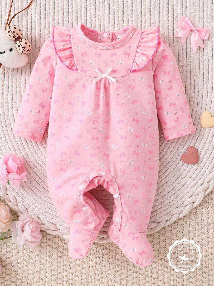 Light Pink Simple Elegant Baby Girls' Long Sleeve Long Rompers - Baby Pink - View 1