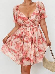 Flirla Plus Size Floral Print Cross Neck Chiffon Elastic Waist A-Line Long Sleeve Dress