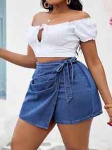 SHEIN ICON Plus Size Dark Blue Denim Shorts,Casual Summer Fitted Patchwork Shorts For Women,Hiking Vacation,Western Country,Rave Festival,Old Money Style,Rodeo - Blue - View 8