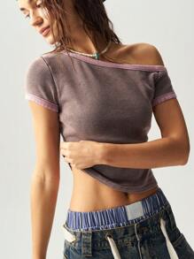 Bohemela Boho Knitted Color Block Asymmetrical Neck Short Sleeve Fitted Cropped Washed Women T-Shirt, Spring/Summer - Rust Brown - View 6
