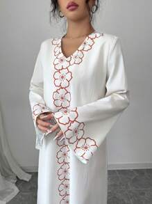 Yasmyna 优雅的白色阿拉伯连衣裙，带有红色花卉刺绣，长袖，V 领，拖地长款，端庄 - 紅色 - 查看 1