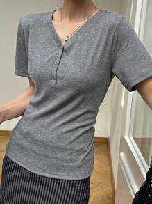 Dazy-Less Women's V-Neck Solid Color Simple Short Sleeve T-Shirt With Button Design Business Casual Woman Work Clothes - Grey - View 5