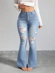 SHEIN Tall 女士牛仔裤 紧身弹力破洞喇叭裤 蓝色高腰紧身喇叭裤 牛仔裤 女式紧身裤 牛仔布 喇叭裤 紧身裤 女式紧身裤 喇叭裤 - 淺色水洗藍 - 查看 4