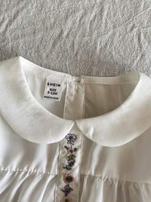 Vintaside Kids 女宝宝韩版时尚彼得潘领刺绣短袖上衣搭配荷叶边休闲短裤套装，适合居家、度假、与朋友外出 - 白色 - 查看 5