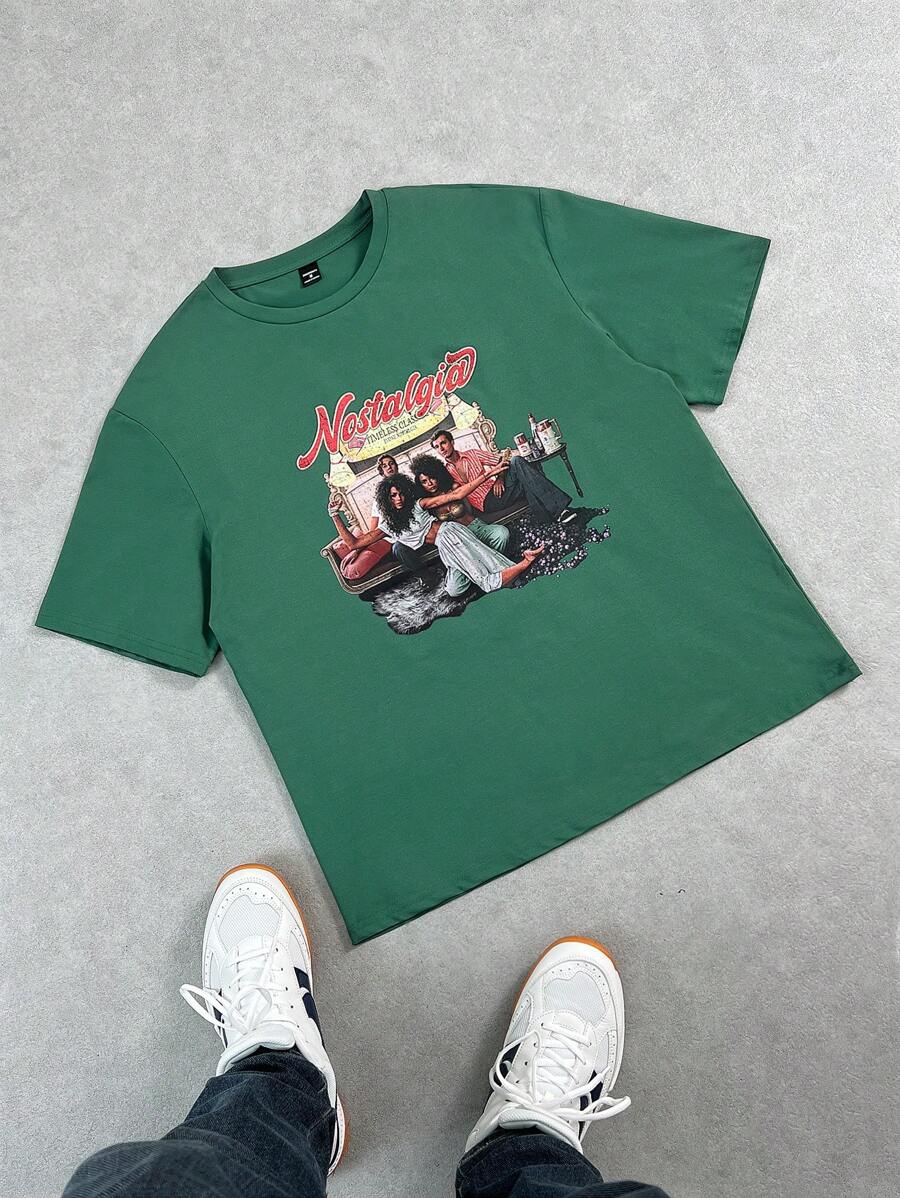 Mainfolk Unisex Casual Illustration Print Loose Fit Dropped Shoulder Crew Neck Short Sleeve T-Shirt, Suitable For Daily Wear - Dark Green - View 1