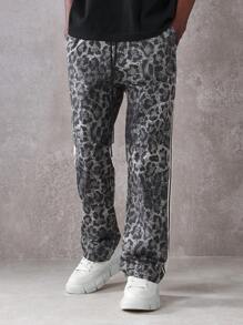 SUMWON 舒适直筒豹纹运动裤，侧条纹设计，适合街头服饰、训练、运动休闲锻炼，四季必备慢跑裤