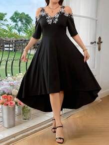 SHEIN Clasi Curved Plus Size Women's Black Elegant Collar With Black And White Lace A-Line Long Dress,Going Out Outfits,Maxi Dresses For Women,Off The Shoulder Dress,Elegant Dress For Wedding,Spring/Summer Dresses For Women,Vacation Outfits Woman,Easter Dress Women,Wedding Guest Dress Women,Dresses For Women Elegant,Graduation Dress,Graduation Dresses For Women