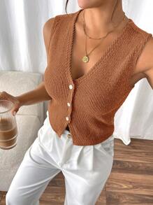 SHEIN Frenchy Women's Casual Vacation Khaki Button Front Tank Top Summer - Burnt Orange - View 4