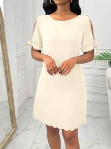 SHEIN LUNE Women Pearl Decor Crew Neck Short Sleeve Simple Casual Mini Dress - Apricot - View 4