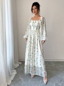 Modelyn Women Elegant Vertical Striped Square Neck Cinched Waist A-Line Dress, Spring/Summer - Yellow - View 6