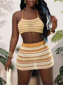 BamGleam Set di mini gonna e canotta in maglia con righe e lavorazione traforata, adatto per vacanza