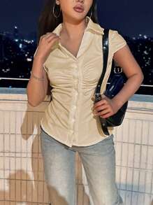 Flirla Camisa de manga corta con pliegues de unicolor casual de verano - Caqui - Ver 3