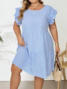 SHEIN CURVE+ Plus Striped Print Ruffle Trim Smock Summer Dress Boho Vacation - Blue and White - View 8