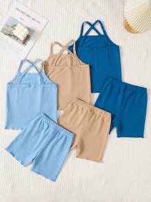 2pcs/Set Young Girl Spring/Summer Casual Sleeveless Top & Solid Color Sports Shorts Set, Toddler/Children - Multicolor - View 2