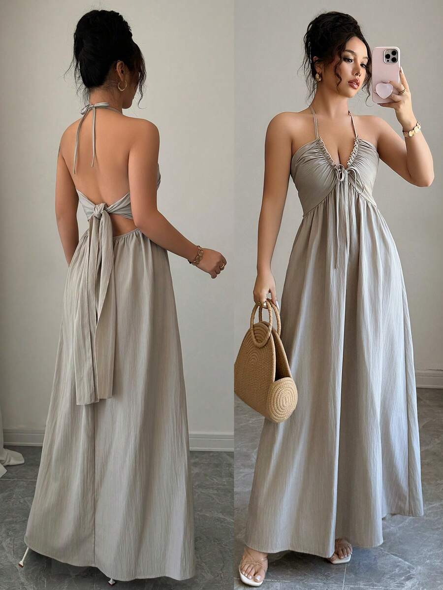 Rafferiza Halter Lace Up Backless A-Line Dress - Grey - View 1