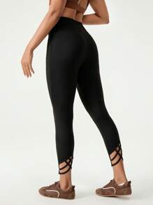 Hanevo Leggings casual da donna a vita alta con orlo incrociato, tinta unita - nero - Visualizzare 5