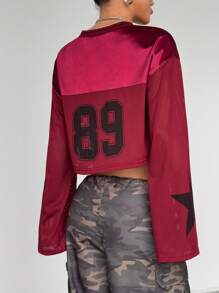 StreetHx Casual Numeric Star Pattern Mesh Splice Long Sleeve T-Shirt - Burgundy - View 2