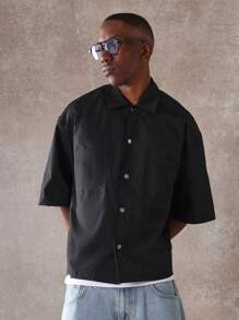 Sumwon Lifestyle Statement Short Sleeve Boxy Fit Fashion Shirt With Cool Urban Back Graphic Print, Streetwear Casual Button Up Shirt For Daily Fashion - Black - View 6