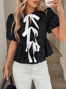 SHEIN LUNE Front Tie Bow Contrast Color Block Puff Sleeve Lantern Sleeve Ruffle Hem Textured Fabric Casual Vacation Elegant Blouse For Women Cute Summer Tops Western Clothes For Women Summer Outfits For Women