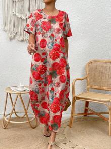 EMERY ROSE Vestido de cuello redondo con estampado floral vintage elegante francés; Vestido de cintura alta nuevo 2025 que disimula la gordura y rejuvenece; Vestido largo holgado con estampado floral; Vestido casual de estilo vacacional adelgazante; Vestido midi de corte evasé con cinturón, volantes y estampado floral para el verano; Vestido de estilo francés para vacaciones, nuevo vestido corto de manga corta holgado para el verano - Rojo - Ver 4