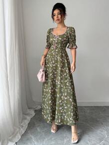 Modelyn 女式泡泡袖碎花连衣裙，撞色边，超长款女士装长款晚礼服 - 綠色 - 查看 4