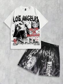 ROMWE MEN Street Life 2pcs/Set Men's Portrait Graphic Print Short Sleeve T-Shirt And Shorts, Suitable For Everyday Wear In Spring/Summer