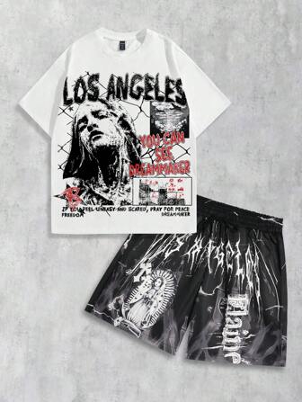 Street Life Set de 2 piezas Camiseta de manga corta y pantalón corto con estampado gráfico de retrato masculino, adecuado para uso diario en primavera/verano