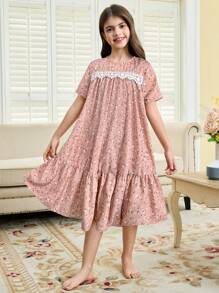 SHEIN Dozemod 青少年女孩碎花圓領短袖荷葉邊休閒睡裙 - 藕粉色 - 查看 3