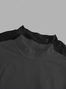 SHEIN EZwear 2 件套女士黑色和深灰色高领长袖紧身打底 T 恤套装 - 彩色 - 查看 6