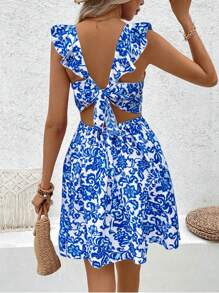 Breezaya Abito da donna con stampa floreale, orlo con volant e merletto, adatto per vacanze e spiaggia