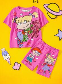 Nick 90s | SHEIN 年轻女孩卡通小男孩女孩玫瑰图案修身短款短袖 T 恤和短裤套装 - 粉色 - 查看 1
