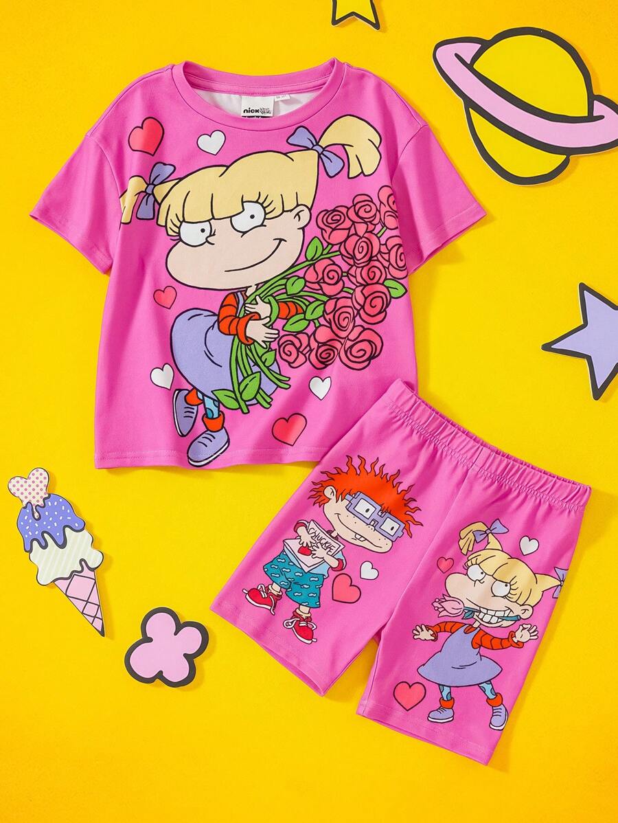 Nick 90s | SHEIN 年轻女孩卡通小男孩女孩玫瑰图案修身短款短袖 T 恤和短裤套装 - 粉色 - 查看 1