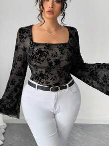 Elenzga Plus Size Square Neck Long Sleeve Fitted Flocked Mesh Floral Print T-Shirt