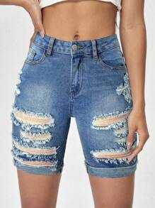 SHEIN Girlism Teen Girl Y2K Spring Summer Beach Holiday Solid Washed Low Waist Ripped Raw Hem Denim Shorts, Summer Biker Shorts Boho Beach Concert Rave Festival - Medium Wash - View 3