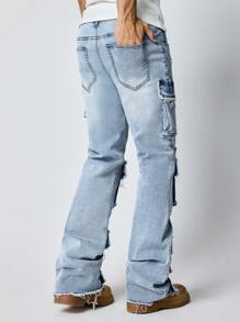 ROMWE MEN Street Life Spring/Summer Casual Men'S Splatter Print Layered Flared Cargo Jeans - Blue - View 5