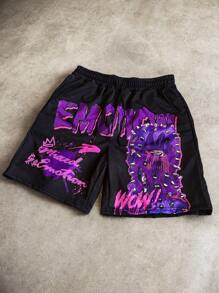 Manfinity EMRG 男士街头运动服高街字母图案 Y2k 黑色短裤，适合健身、篮球