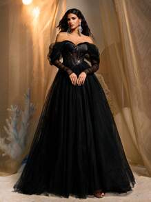 Glamrae Elegant And Luxurious Black Detachable Sleeves Off- Shoulder Sexy Sequins Mesh Puff Sleeves Corset Long Dress, Suitable For Weddings, Parties, Vacations, Dances, Celebrations, Evening Dress, Party Dress, Wedding Guest Dress, Formal Dress, Gown, Halloween - Black - View 5