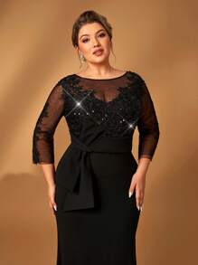 Serin Váy đuôi cá dài tay thêu ren chắp vá co giãn sang trọng thanh lịch cỡ lớn, nơ xếp nếp, thích hợp cho đám cưới, tiệc tùng, vũ hội, dạ hội, váy cho mẹ cô dâu (đính nhiều họa tiết) - màu đen - Xem 4