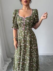 Modelyn 女式泡泡袖碎花连衣裙，撞色边，超长款女士装长款晚礼服 - 綠色 - 查看 3