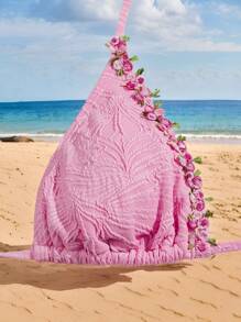 SHEIN Swim Women's Summer Beach 2 Pieces Bikini Swimwear Set With Textured Fabric And Ruffled Details - Pink - View 4