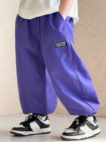 1pc Young Boys Casual Korean Style Pocket Drawstring Soft & Comfortable Straight Leg Pants, Versatile For Daily Wear, School, Commute, Sports, Suitable For Spring & Autumn - Purple - View 2