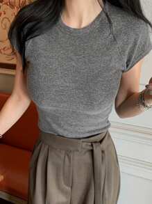DAZY Camiseta de mujer de cuello redondo y manga corta envolvente de unicolor gris, versátil para primavera/verano - Gris Oscuro - Ver 6