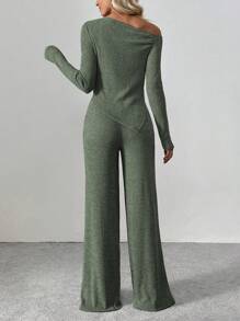 Flirla Tall 女士不对称肩部 T 恤 + 阔腿低腰裤 2 件套舒适冬季休闲休闲套装 - 軍綠色 - 查看 2