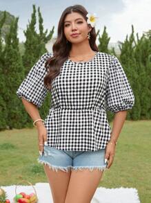 SHEIN LUNE 大码女式休闲夏季格纹露背系带镂空灯笼袖衬衫 - 黑與白 - 查看 3